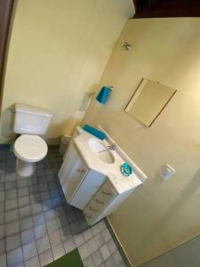 a small bathroom with a toilet and a sink at Casa de maresias in São Sebastião