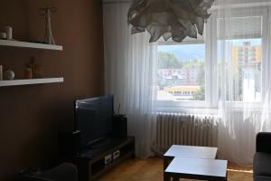 Una sala de estar con televisión y una ventana. en Tatry View Apartment, Free Parking, en Liptovský Mikuláš