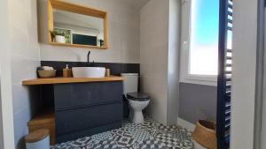 une salle de bains avec lavabo et toilettes dans l'établissement La Maison du Bord du Lac, à La Chevrolière