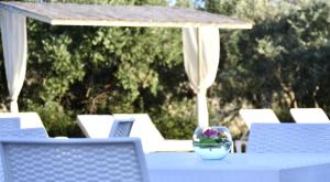 a white table with a bowl of flowers on it at Tenuta Bardi in Villa Baldassarri