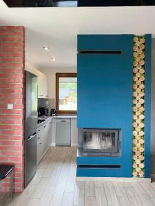 a kitchen with a blue wall with a fireplace at Double House MAGI in Kowary