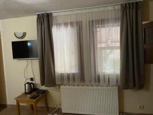 a room with two windows with curtains and a radiator at Deers in Bansko