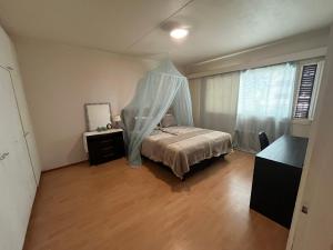a bedroom with a bed with a mosquito net at Spacious Two Room Apartment in Espoo in Espoo