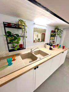 a white kitchen with a sink and a mirror at Villa années 30, bords de Marne in Joinville-le-Pont +110 photos