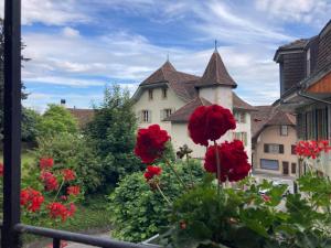 a view of a building with red flowers on a balcony at La Vigne in La Neuveville
