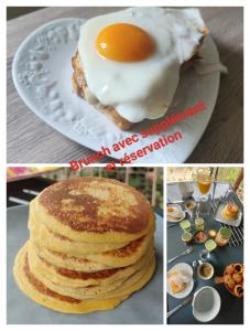 a stack of pancakes on a plate with an egg on top at Como EM Casa in Alburitel +12 photos