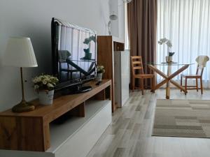 a living room with a television on a table at Safirului apartment in Bragadiru +5 photos