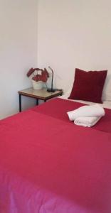 a bedroom with a red bed with a red blanket at Tilipunan House in Guimaras