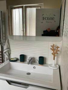 a white sink in a bathroom with a mirror at Landaise 10765902 in Tarnos +11 photos