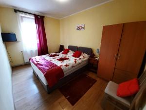 a bedroom with a bed with red pillows at Kis Rigó vendégház in Salgótarján +20 photos