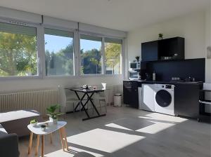 a living room with a washing machine and a table at Appartement Le Classik' PARKING PRIVÉ in Mâcon