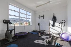 a gym with cardio equipment in a room with a window at Greenpoint Chic Studio Apartment in Cape Town +10 photos