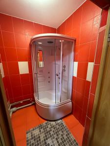 シュチュチンスクにあるLacus BOROのオレンジタイルのバスルーム(シャワー付)