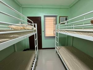 タクロバンにあるBryanne's Placeのグリーンルームに複数の二段ベッドが置かれた部屋