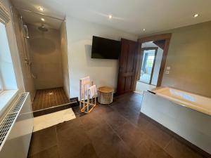 a bathroom with a tub and a sink and a television at ღLIBORIA I Alpenblick Landhaus in Uffing