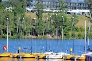 a group of boats docked in a lake with a building at Stilvoll & Wohlfühlfaktor! in Nohfelden