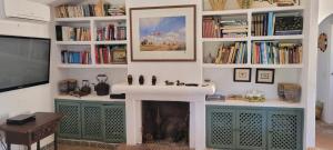 a living room with a fireplace and book shelves at Georgesville in Marbella