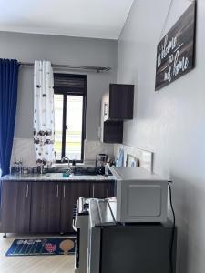 a kitchen with a sink and a microwave at Skyline residence Kyanja in Kampala