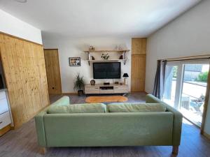 a living room with a green couch and a television at Appartement coeur de village tous services in Cahuzac-sur-Vère