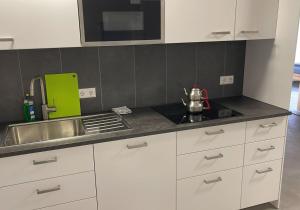 a kitchen with a sink and a counter top at Doppelzmmer Mit Gemeinschaftsbad Eigenes Bad Plüderhausen in Plüderhausen