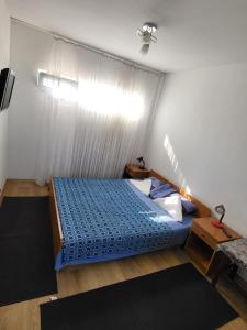 a bedroom with a blue bed and a window at Vila Hipo in Venus