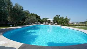 a large blue swimming pool with trees in the background at Muyo House in Urla