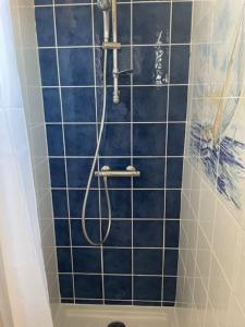 a blue tiled shower with a hose in a bathroom at Au cœur du bourg de Sainte Anne in Sainte-Anne
