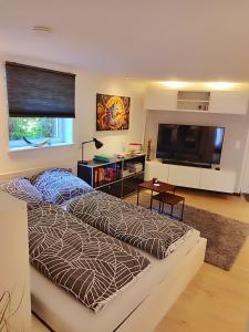 a bedroom with a bed and a flat screen tv at WOLFSHÖHLE Schwarzwald-Apartment in Achern