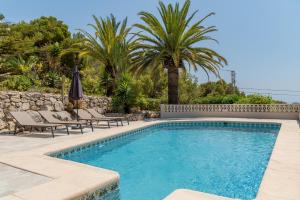a swimming pool with chairs and a palm tree at Villa Vista El Portet in Teulada