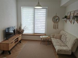 a living room with a couch and a tv and a window at Sweet home 2 in Cahul