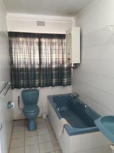 a bathroom with a blue toilet and a bath tub at Luilekker Chalets in Waterval-Onder +32 photos