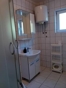 a bathroom with a sink and a mirror and a toilet at Apartment Mario 2 in Klimno +22 photos
