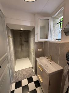 a small bathroom with a sink and a shower at La Barbacane de Cascastel-des-Corbières in Cascastel-des-Corbières