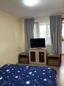 a bedroom with a bed and a flat screen tv at Casa Noastră in Călimăneşti