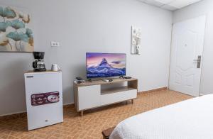 a bedroom with a bed and a tv on a cabinet at D'Rosas Apartments in Santiago