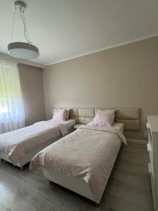 a bedroom with two beds and a window at Apartament Leśny in Szczejkowice +34 photos