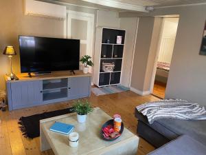 ein Wohnzimmer mit einem großen Flachbildfernseher in der Unterkunft Stathelle Heritage Retreat Apartment in Bamble