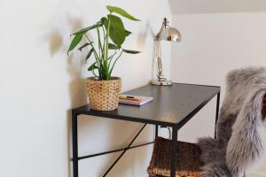un tavolo nero con una pianta e una lampada sopra di 2vær lejlighed - Dronninglund a Dronninglund