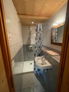 Un pequeño baño con lavabo y ducha. en Chalet Aravis, en Le Grand-Bornand