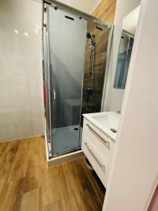 a bathroom with a shower and a sink at Apartament Graniczna in Płock