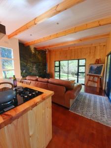 a kitchen and living room with a couch and a stove at Hillside Hideaway Cabin in Knysna