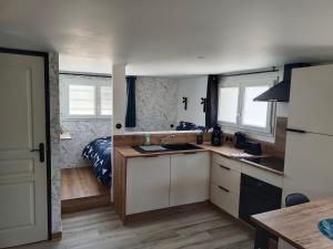 a kitchen with a sink and a bed in a room at L'écrin des Noëls in Vineuil