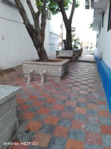 リオアチャにあるHospedaje centroの建物内のベンチと木々のある歩道
