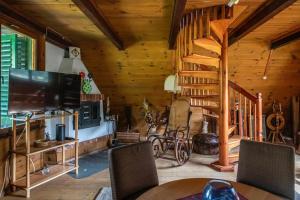 a living room with a television and wooden walls at Chatka Sikorówka-SAUNA -Bizoręda in Kielce