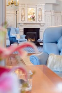 a living room with blue chairs and a fireplace at Killarney Avenue in Killarney