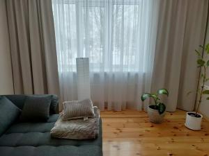 a living room with a couch and a large window at Located in Ances pagasts Apartments in Ance