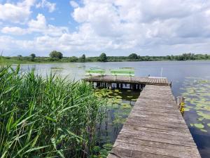 ein Holzsteg mit grünen Bänken an einem See in der Unterkunft Kleine Jagdhütte in Zettemin