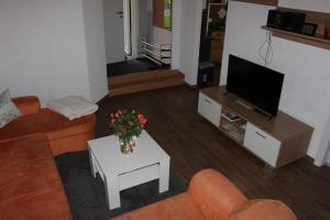 a living room with a couch and a tv at Ferienwohnung Rolle in Schöna