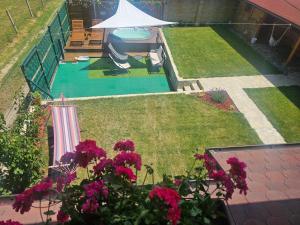 a backyard with a swimming pool and pink flowers at Vila Banstolija in Velika Remeta