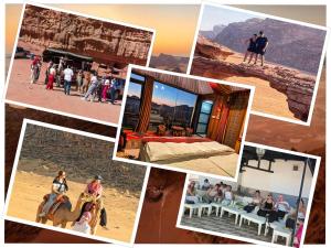 a collage of pictures of people riding horses in the desert at Wadi Rum Majestic Camp in Wadi Rum